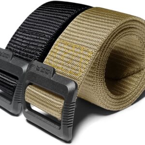 CQR Tactical Belt, Military Style Heavy Duty Belt, Webbing EDC Quick-Release Buckle, 2pack Plastic Flip Tab Black/Khaki, Large