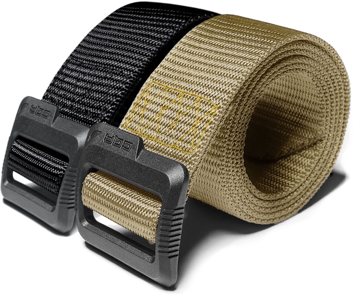 CQR Tactical Belt, Military Style Heavy Duty Belt, Webbing EDC Quick-Release Buckle, 2pack Plastic Flip Tab Black/Khaki, Large