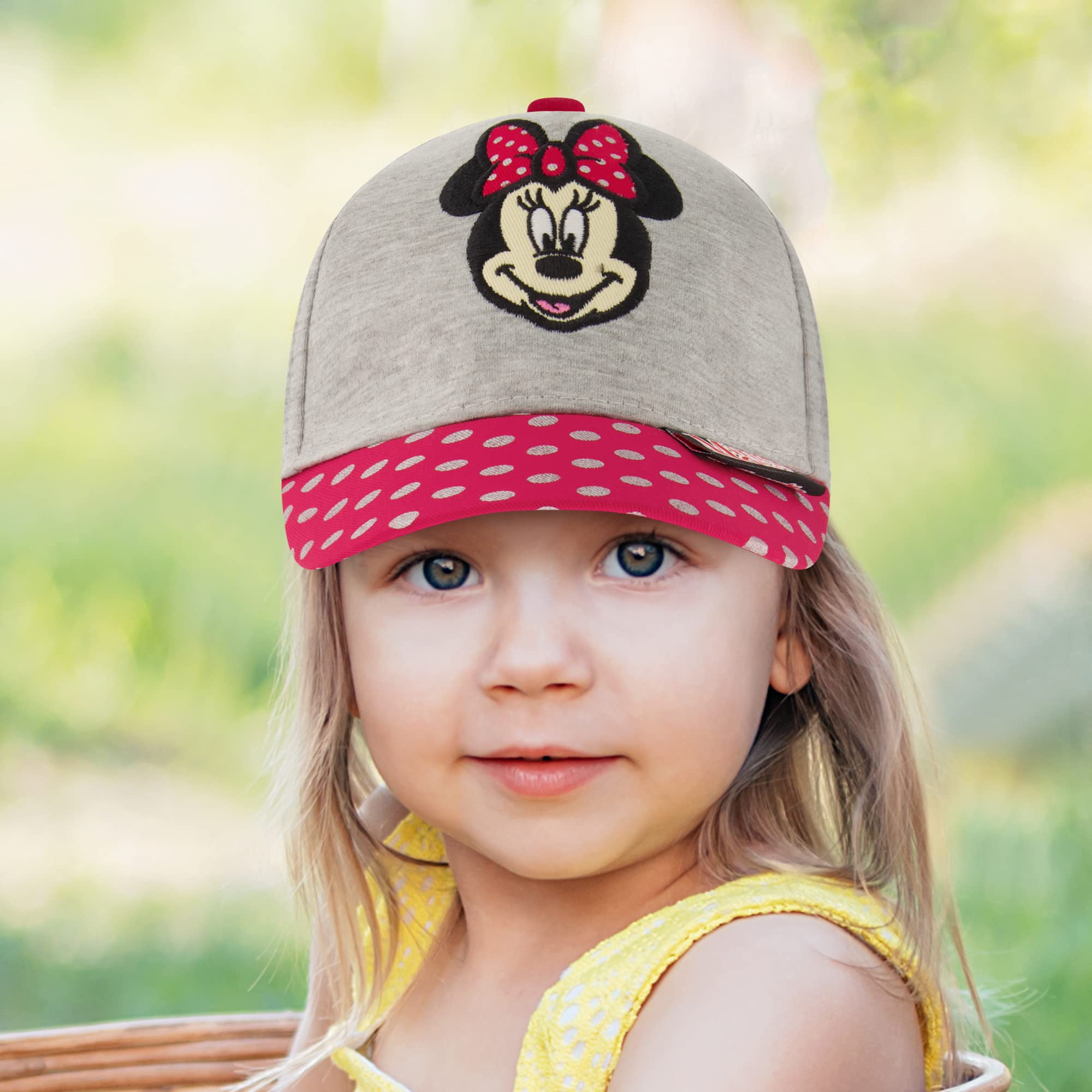 Disney Little Baseball Cap, Minnie Mouse Adjustable Girl Hats for Kids Ages 4-7, Red/Grey Polka Dots