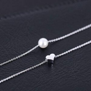 Artmiss Initial Heart Layered Pearl Pendant Necklace Silver Women Double Chain for Women