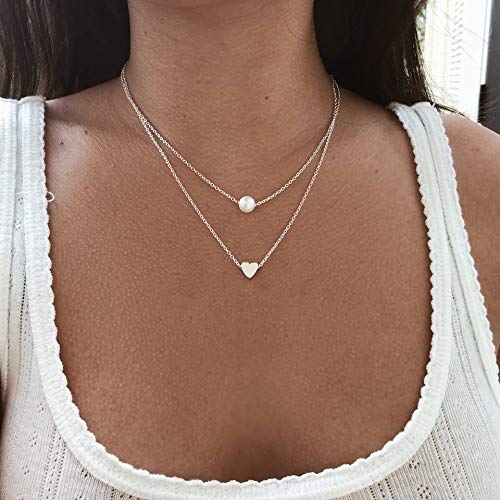 Artmiss Initial Heart Layered Pearl Pendant Necklace Silver Women Double Chain for Women