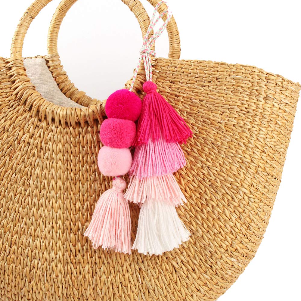 QTKJ Colorful Bohemian Pompom Tassel Keychain Handbags Straw Bag Charms Ornaments Key Ring Pompom Pendant（Pink 1）