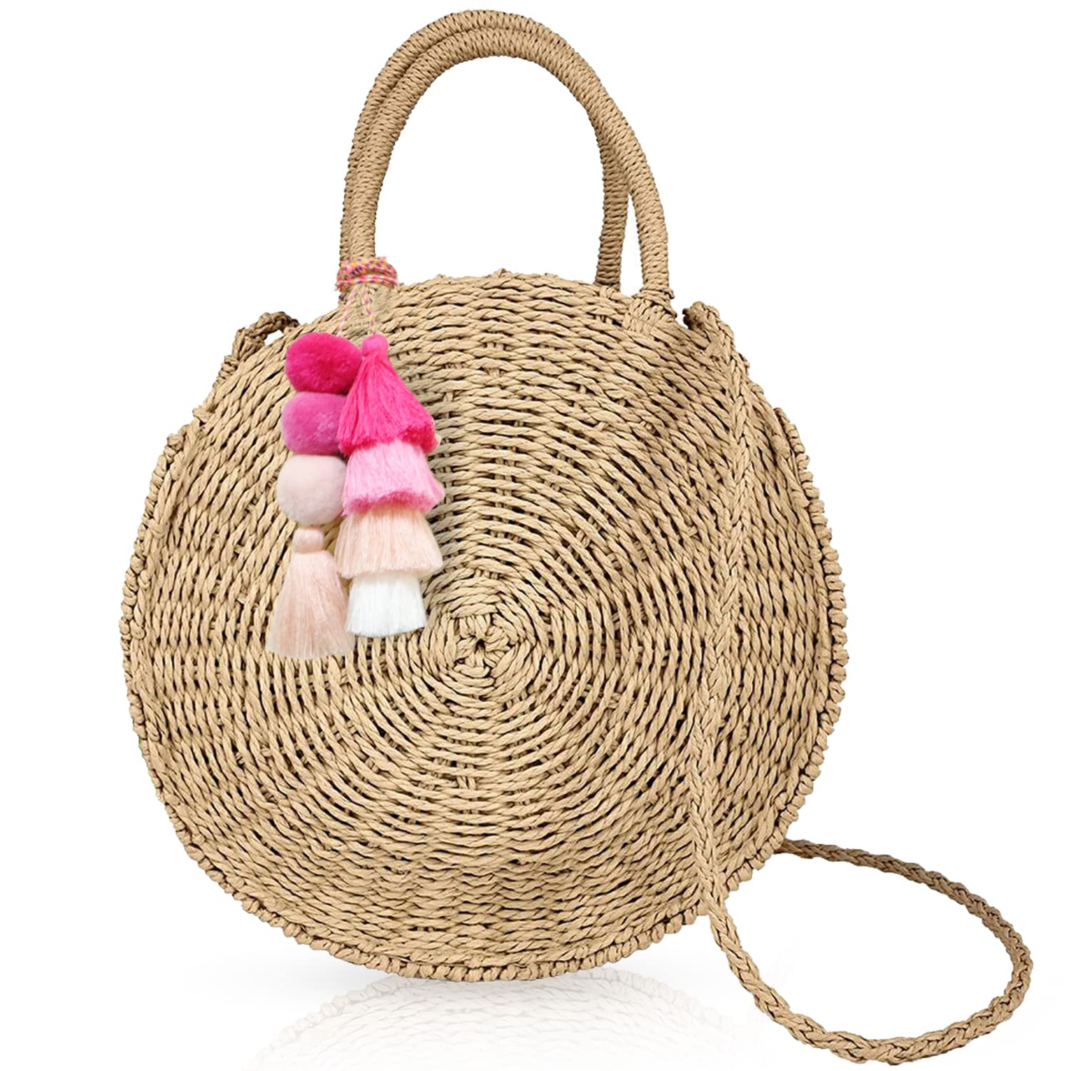 QTKJ Colorful Bohemian Pompom Tassel Keychain Handbags Straw Bag Charms Ornaments Key Ring Pompom Pendant（Pink 1）