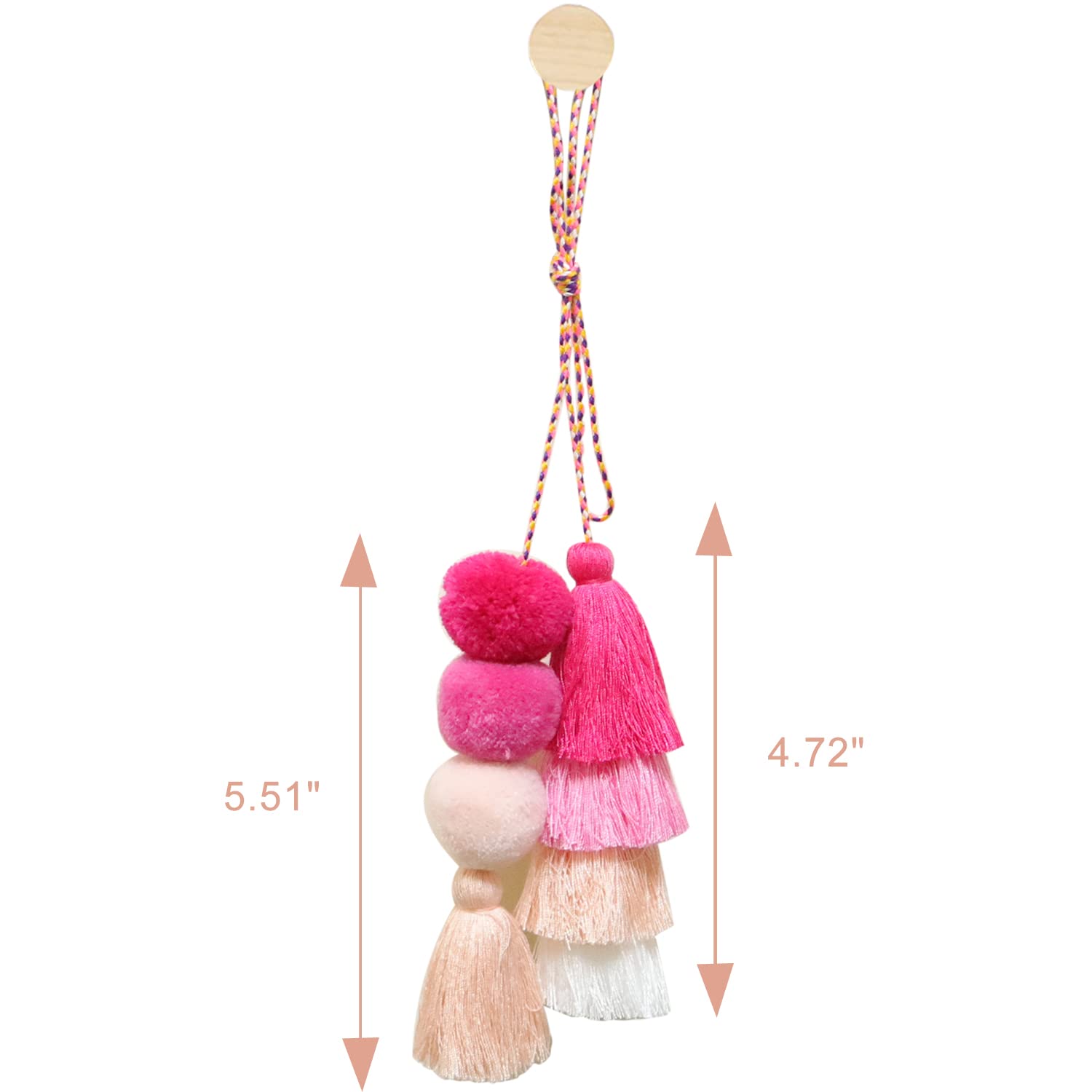 QTKJ Colorful Bohemian Pompom Tassel Keychain Handbags Straw Bag Charms Ornaments Key Ring Pompom Pendant（Pink 1）