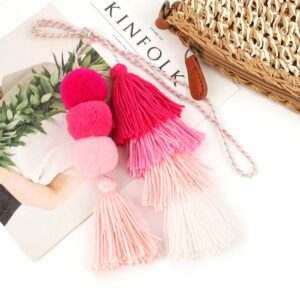 QTKJ Colorful Bohemian Pompom Tassel Keychain Handbags Straw Bag Charms Ornaments Key Ring Pompom Pendant（Pink 1）