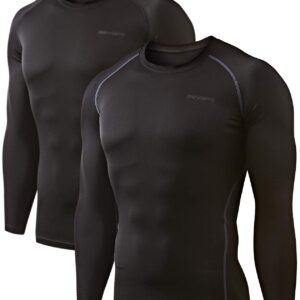 DEVOPS 2 Pack Men's Thermal Long Sleeve Compression Shirts (Large, Black/Black)