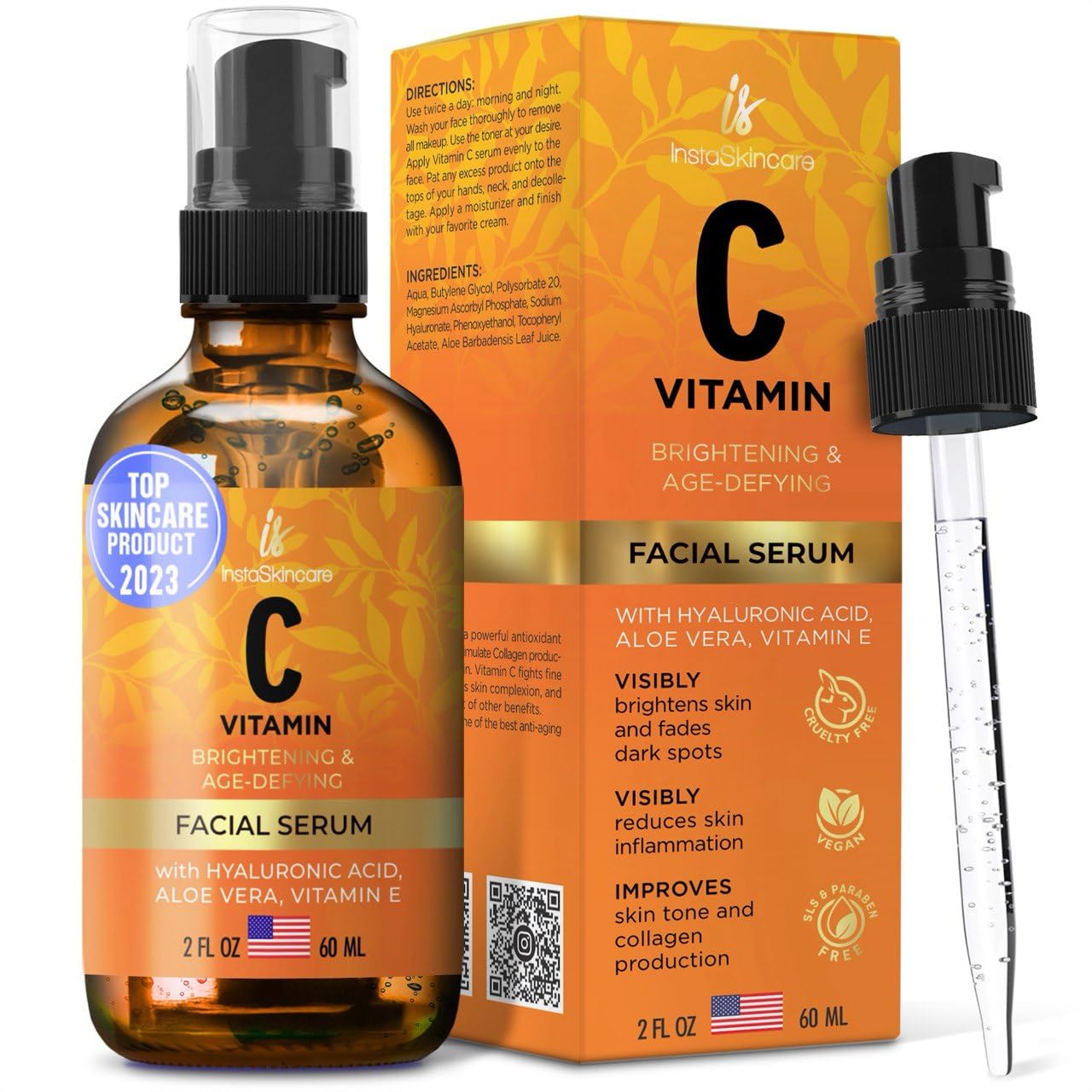 InstaSkincare Vitamin C Serum for Face and Eyes with Hyaluronic Acid and Vitamin E - Brightening Serum, Dark Spots, Eye Area, Wrinkles 2Oz