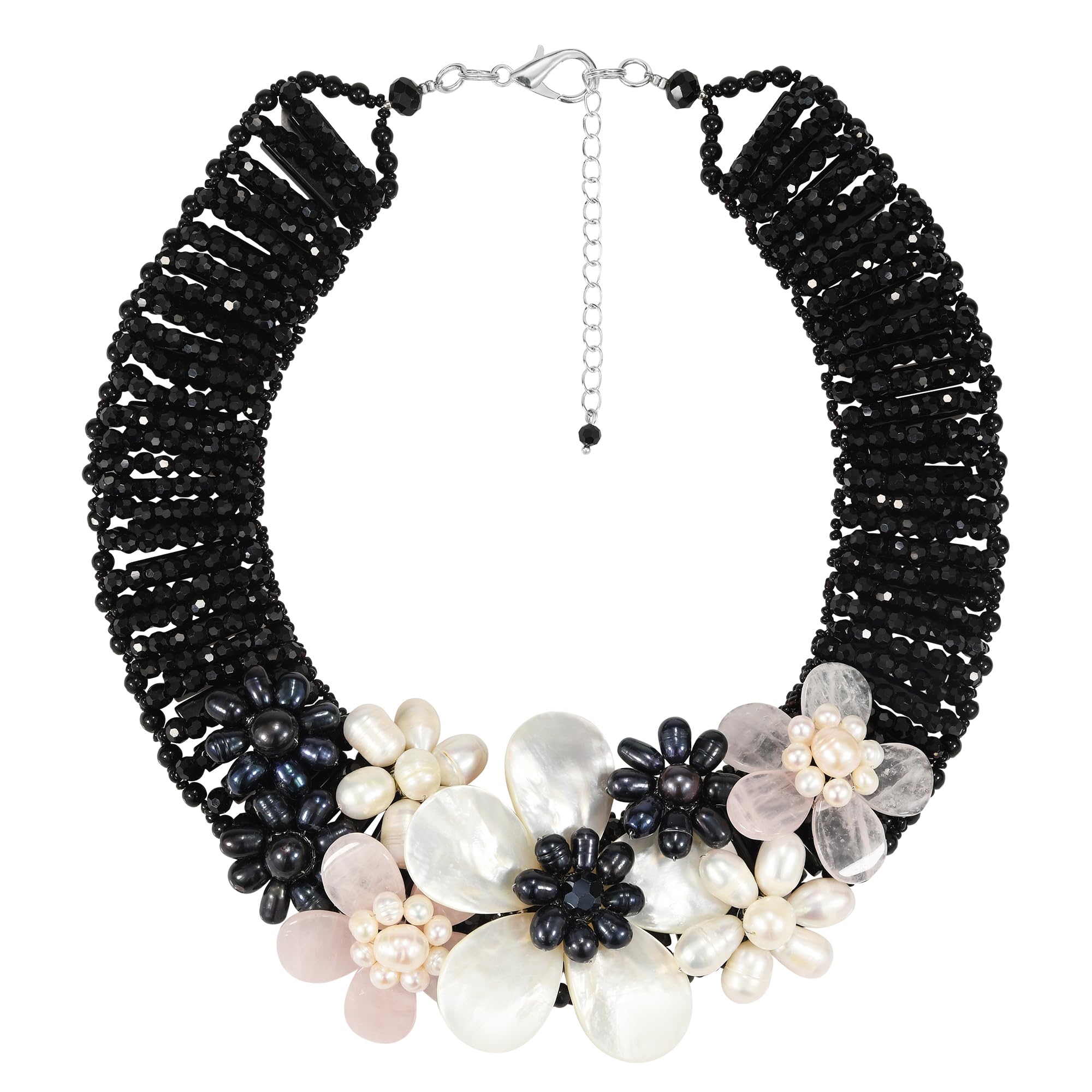 Midnight Garden Cultured Freshwater Pearl and Crystal Beads Floral Statement Necklace