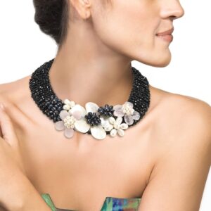 Midnight Garden Cultured Freshwater Pearl and Crystal Beads Floral Statement Necklace