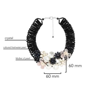 Midnight Garden Cultured Freshwater Pearl and Crystal Beads Floral Statement Necklace