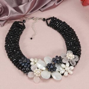 Midnight Garden Cultured Freshwater Pearl and Crystal Beads Floral Statement Necklace