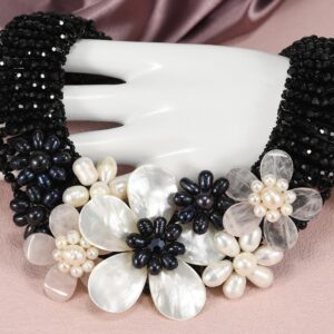 Midnight Garden Cultured Freshwater Pearl and Crystal Beads Floral Statement Necklace