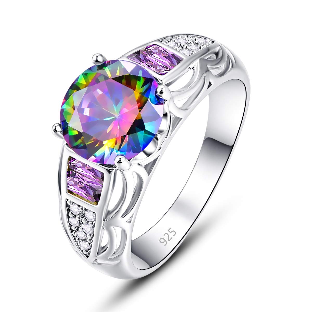 Narica Women's 925 Sterling Silver Filled Round Cut Rainbow Topaz Rings Band for Mom Size 9