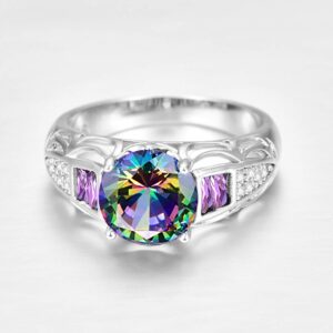 Narica Women's 925 Sterling Silver Filled Round Cut Rainbow Topaz Rings Band for Mom Size 9