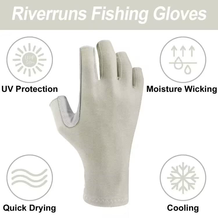 Riverruns Fingerless Fishing Gloves- Fishing Sun Gloves- UV Protection Gloves Men and Women Fishing, Boating, Kayaking, Hiking, Running, Cycling and Driving (Light Khaki, M)