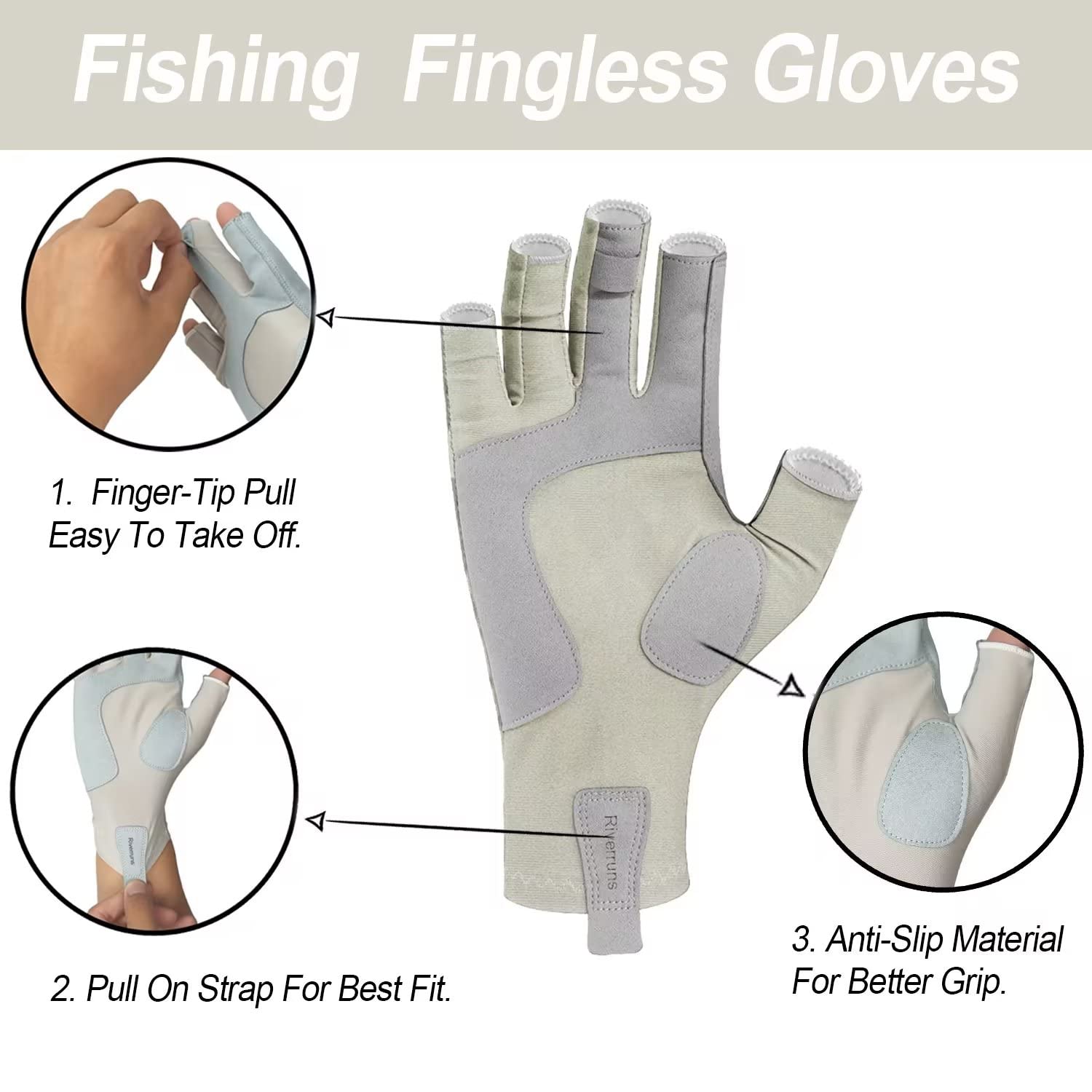 Riverruns Fingerless Fishing Gloves- Fishing Sun Gloves- UV Protection Gloves Men and Women Fishing, Boating, Kayaking, Hiking, Running, Cycling and Driving (Light Khaki, M)