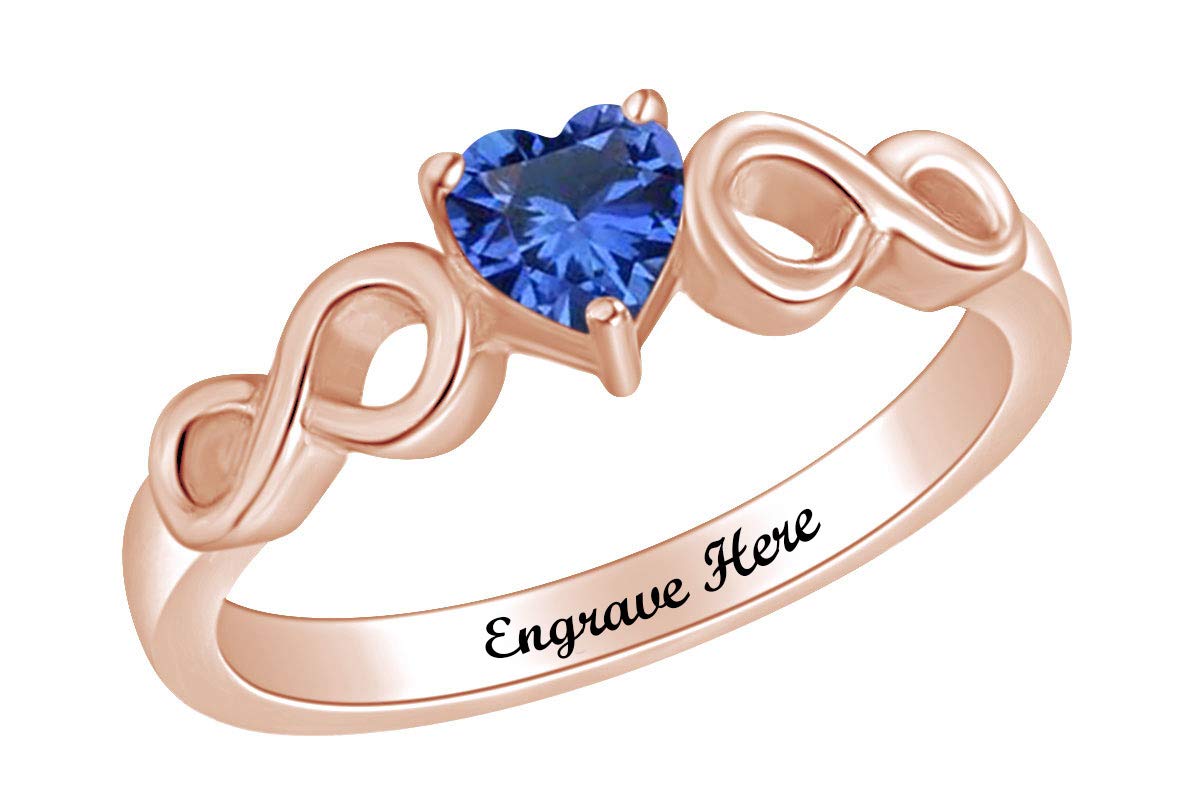 AFFY Personalized Heart Shape Simulated Blue Sapphire Infinity Heart Promise Ring in 14k Rose Gold Over Sterling Silver Ring Size-6