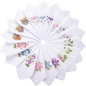 Geyoga 18 Pieces Ladies Cotton Handkerchiefs Flower Embroidered with Lace Colored Embroidered Handkerchiefs for Women (Classic Styles)