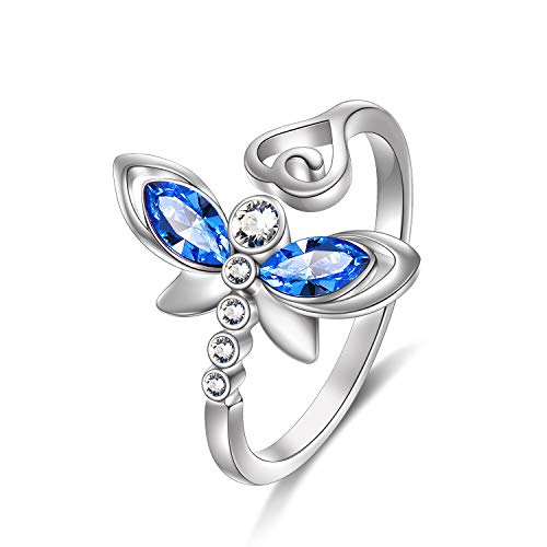 AOBOCO Dragonfly Ring Sterling Silver Women Ring Embellished with Simulated Light Sapphire Crystals, Adorable Insects in The Garden Series, Anniversary Birthday Dragonfly Jewelry Women Gifts