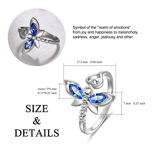 AOBOCO Dragonfly Ring Sterling Silver Women Ring Embellished with Simulated Light Sapphire Crystals, Adorable Insects in The Garden Series, Anniversary Birthday Dragonfly Jewelry Women Gifts