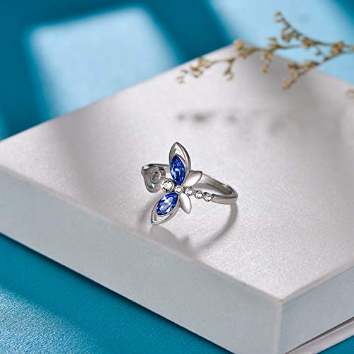 AOBOCO Dragonfly Ring Sterling Silver Women Ring Embellished with Simulated Light Sapphire Crystals, Adorable Insects in The Garden Series, Anniversary Birthday Dragonfly Jewelry Women Gifts