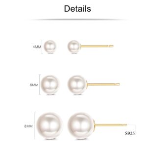 Sllaiss 925 Sterling Silver Austria Pearl Earrings 18K Gold Pink Earrings Sets Stud Earrings for Women (3 Pairs 4mm 6mm 8mm)