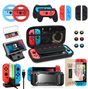 switch accessories bundle, kit with carrying case, protective case with screen protector, compact playstand,game case, joystick cap, charging dock, grip and steering wheel for nintendo switch(20-in-1)