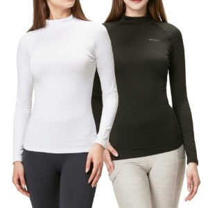 DEVOPS Women's 2 Pack Thermal Turtle Long Sleeve Shirts Compression Baselayer Tops (Small, Black/White)