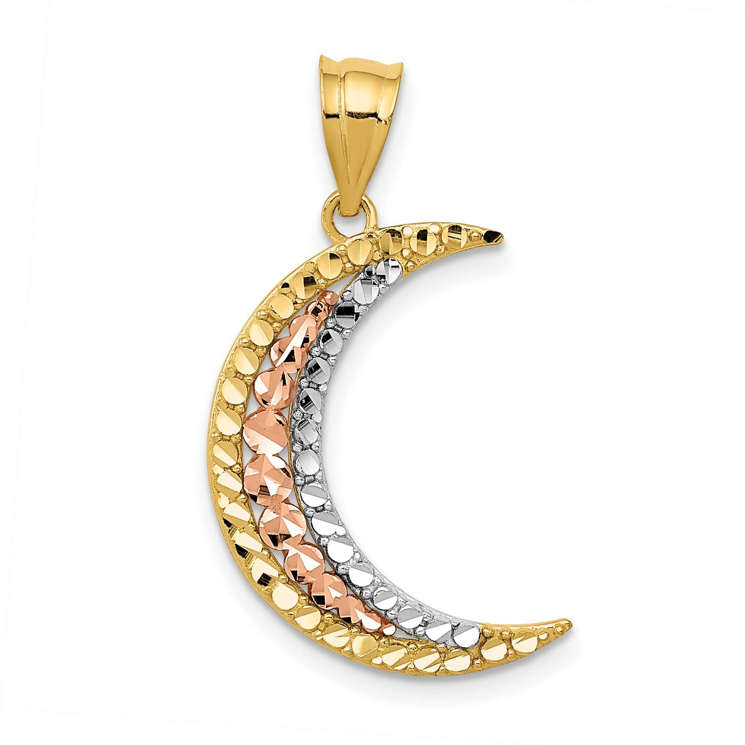 14k Tri-Color Yellow White And Rose Gold Crescent Moon Pendant 28 mm x 14 mm