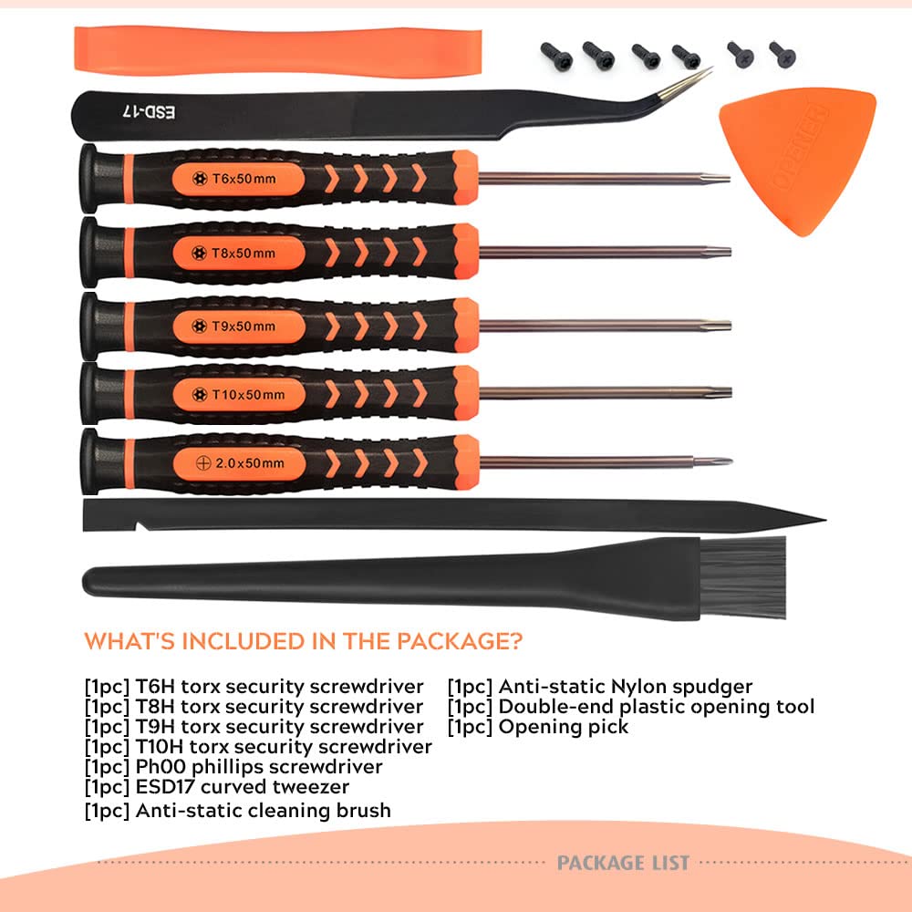 TECKMAN T6 T8 T9 T10 Torx Security Screwdriver Set, Repair Kit for Xbox one Xbox 360 PS3 PS4 Controller Disassembly and Cleaning with Anti-static Brush, Tweezer and Opening Pry Tools