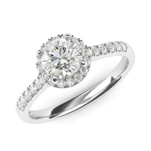 14k White Gold Classic Simulated Round Brilliant Cut Diamond Halo Engagement Ring with Side Stones (3.5)