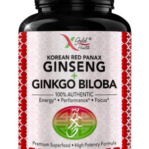 Korean Red Panax Ginseng 1200mg + Ginkgo Biloba - Extra Strength Root Extract Powder Supplement w/High Ginsenosides Vegan Capsules for Energy, Performance & Focus - Supplement for Men & Women