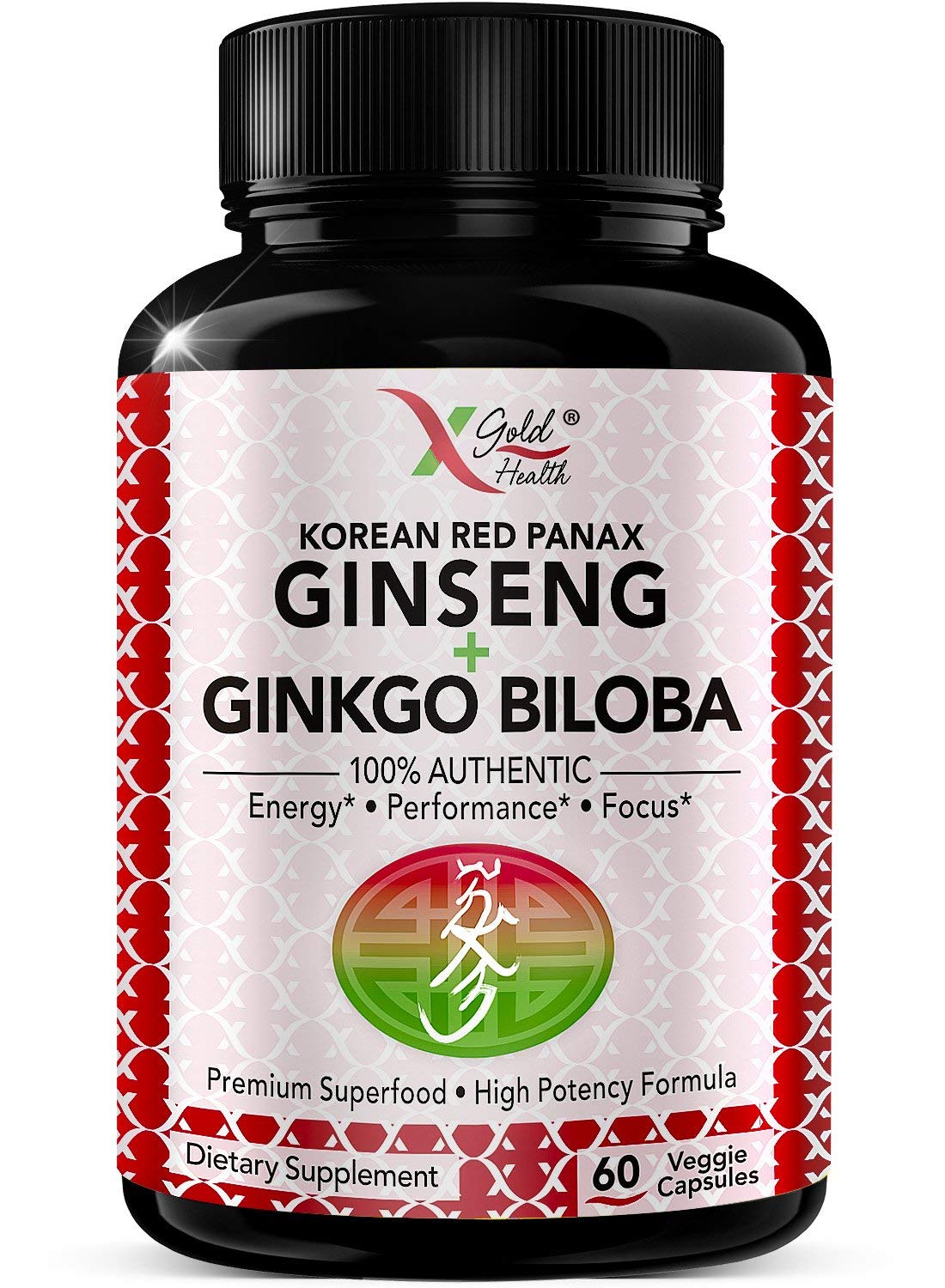 Korean Red Panax Ginseng 1200mg + Ginkgo Biloba - Extra Strength Root Extract Powder Supplement w/High Ginsenosides Vegan Capsules for Energy, Performance & Focus - Supplement for Men & Women