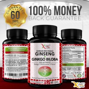 Korean Red Panax Ginseng 1200mg + Ginkgo Biloba - Extra Strength Root Extract Powder Supplement w/High Ginsenosides Vegan Capsules for Energy, Performance & Focus - Supplement for Men & Women