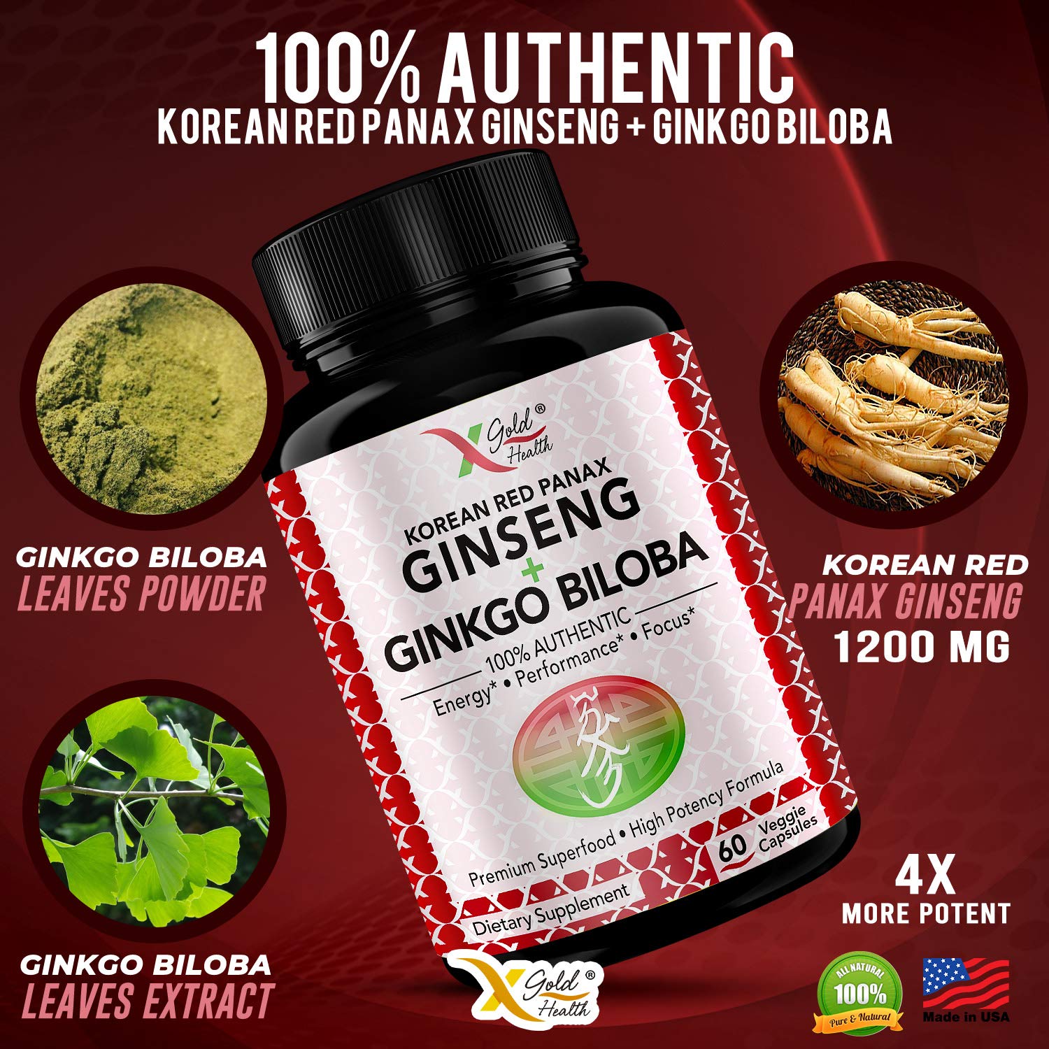 Korean Red Panax Ginseng 1200mg + Ginkgo Biloba - Extra Strength Root Extract Powder Supplement w/High Ginsenosides Vegan Capsules for Energy, Performance & Focus - Supplement for Men & Women