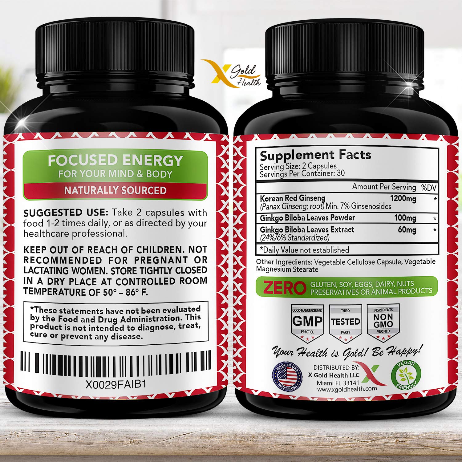 Korean Red Panax Ginseng 1200mg + Ginkgo Biloba - Extra Strength Root Extract Powder Supplement w/High Ginsenosides Vegan Capsules for Energy, Performance & Focus - Supplement for Men & Women