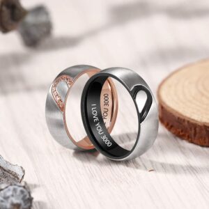 Personalized Couples Promise Ring Set for Him and Her Free Engraving Stainless Steel Engagement Wedding Rings Band Set for Men and Women Valentines Day Jewelry (Black+Rose Gold(2pcs))