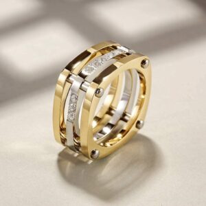 CIUNOFOR 14K Gold Plated Ring Simulated Diamond CZ Cocktail Rings for Women and Men Gold Statement RingsWide Bands Parallel Bar Ring Unisex Customized Personalized (7)