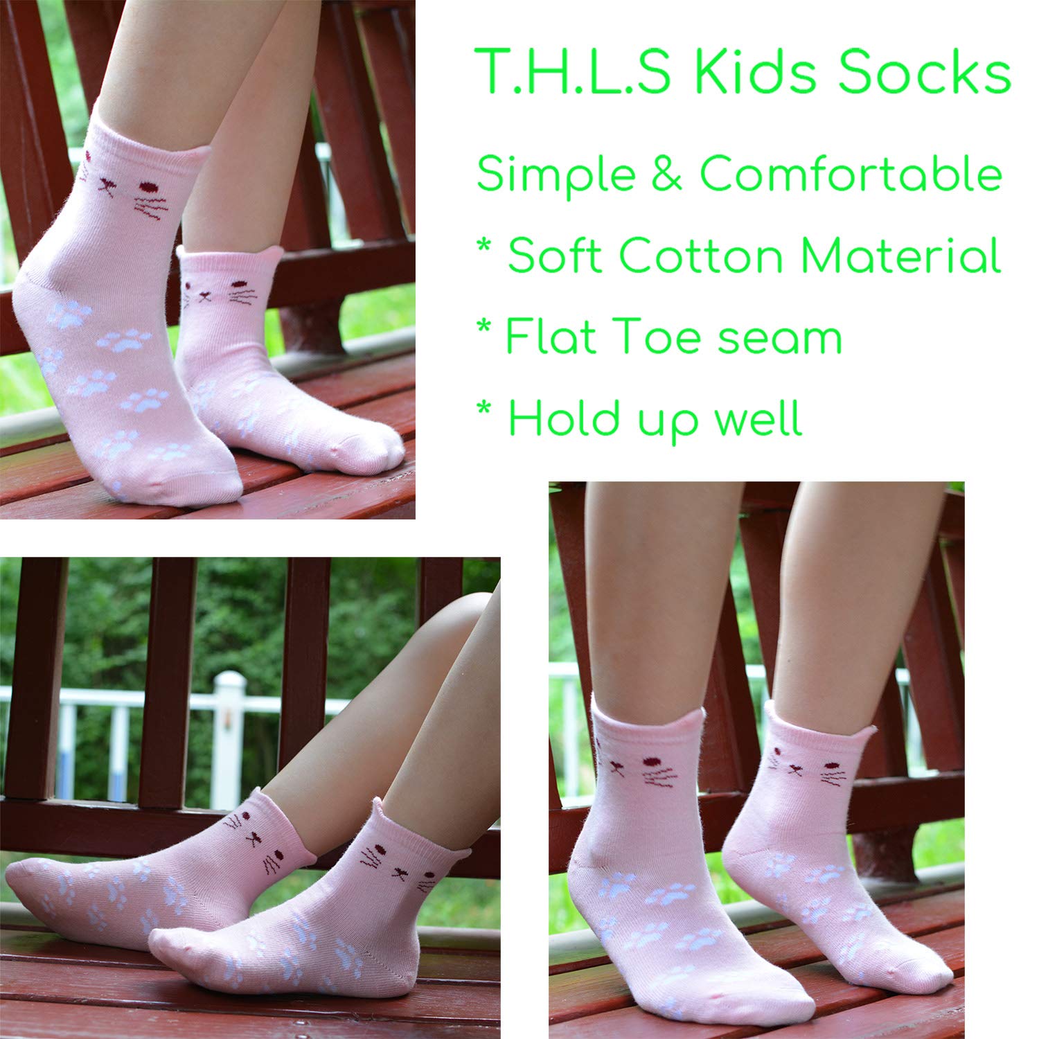 T.H.L.S Youth Girls Cotton Novelty Cats Crew Seamless Socks - Shoe Size 2-5(8-12 Years)