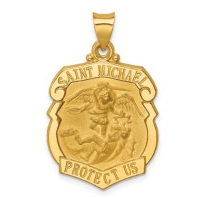 jewelry stores network hollow saint michael protect us police officer badge pendant in real 14k yellow gold 25x21mm