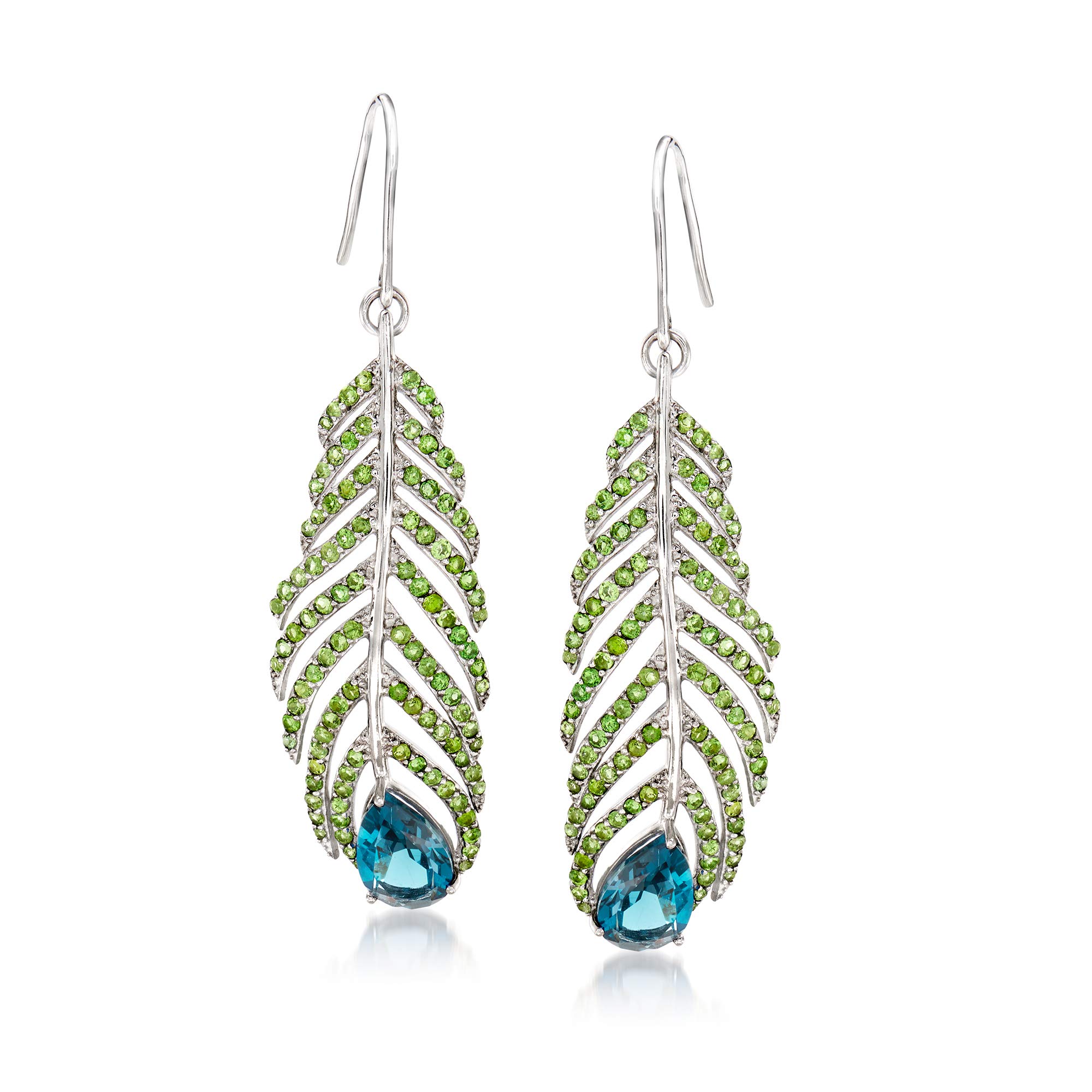 Ross-Simons 5.50 ct. t.w. London Blue Topaz and 3.30 ct. t.w. Green Tourmaline Feather Earrings in Sterling Silver