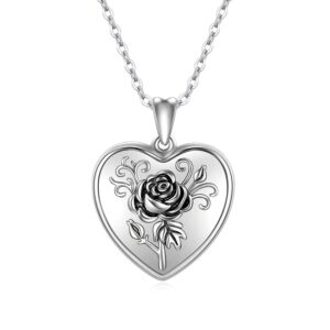 Cuoka Heart Rose Flower Locket Necklace 925 Sterling Silver Rose Pendant Necklace That Holds Pictures,Custom Photo Box Necklace Jewelry for Women Men