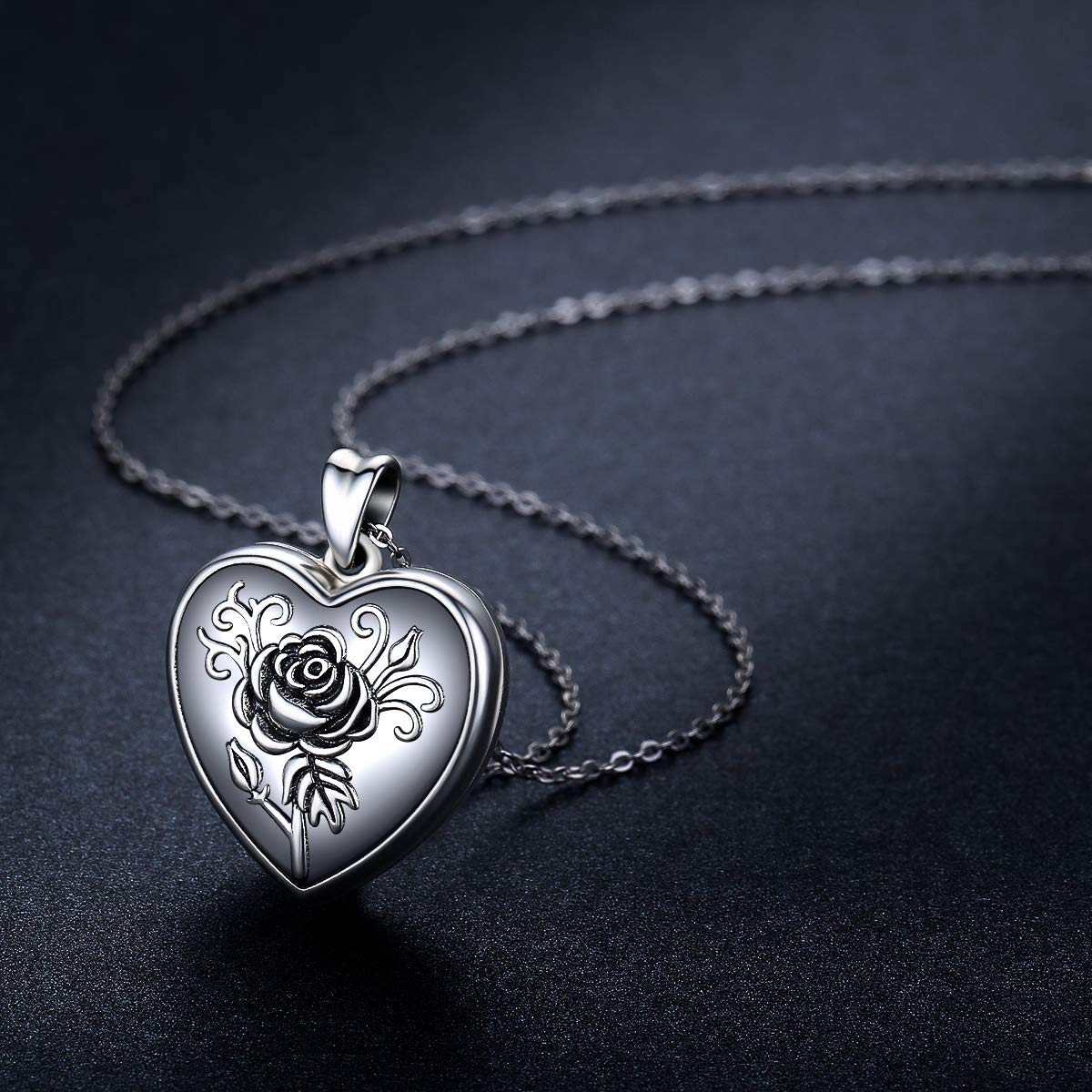 Cuoka Heart Rose Flower Locket Necklace 925 Sterling Silver Rose Pendant Necklace That Holds Pictures,Custom Photo Box Necklace Jewelry for Women Men