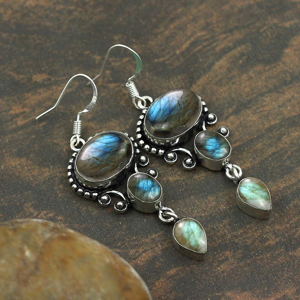 16.96 Cts Natural Labradorite Dangle Earrings For Women, Handmade Birthstone Jewelry Mother's Day Gifts For Mom Wife