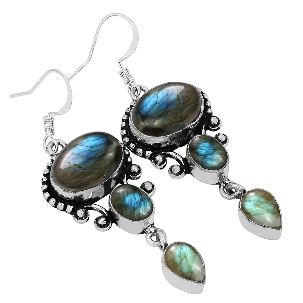 16.96 Cts Natural Labradorite Dangle Earrings For Women, Handmade Birthstone Jewelry Mother's Day Gifts For Mom Wife