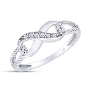 Aria Jewels 14k White Gold Plated 925 Sterling Silver Infinity Rope Natural Diamond Ring For Women (0.03 Cttw, I-J Color, I2-I3 Clarity) Ring Size-7