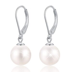 Esberry 925 Sterling Shell Pearl Silver Earrings 6-12mm Handpicked White Shell Pearl Drop Leverback Earrings for Women and Girls