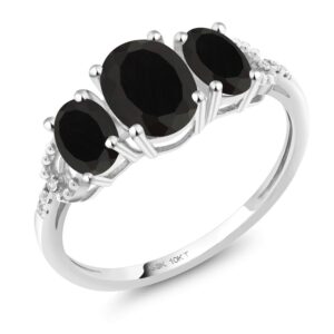 gem stone king 10k white gold oval black onyx and diamond 3-stone engagement ring for women (1.52 cttw, gemstone birthstone, available in size 5, 6, 7, 8, 9)