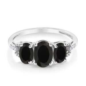 Gem Stone King 10K White Gold Oval Black Onyx and Diamond 3-Stone Engagement Ring For Women (1.52 Cttw, Gemstone Birthstone, Available In Size 5, 6, 7, 8, 9)