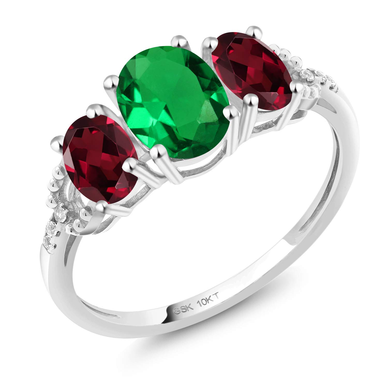 Gem Stone King 10K White Gold Green Simulated Emerald Red Rhodolite Garnet and Diamond 3-Stone Engagement Ring For Women (1.62 Cttw, Gemstone Birthstone, Available In Size 5, 6, 7, 8, 9)